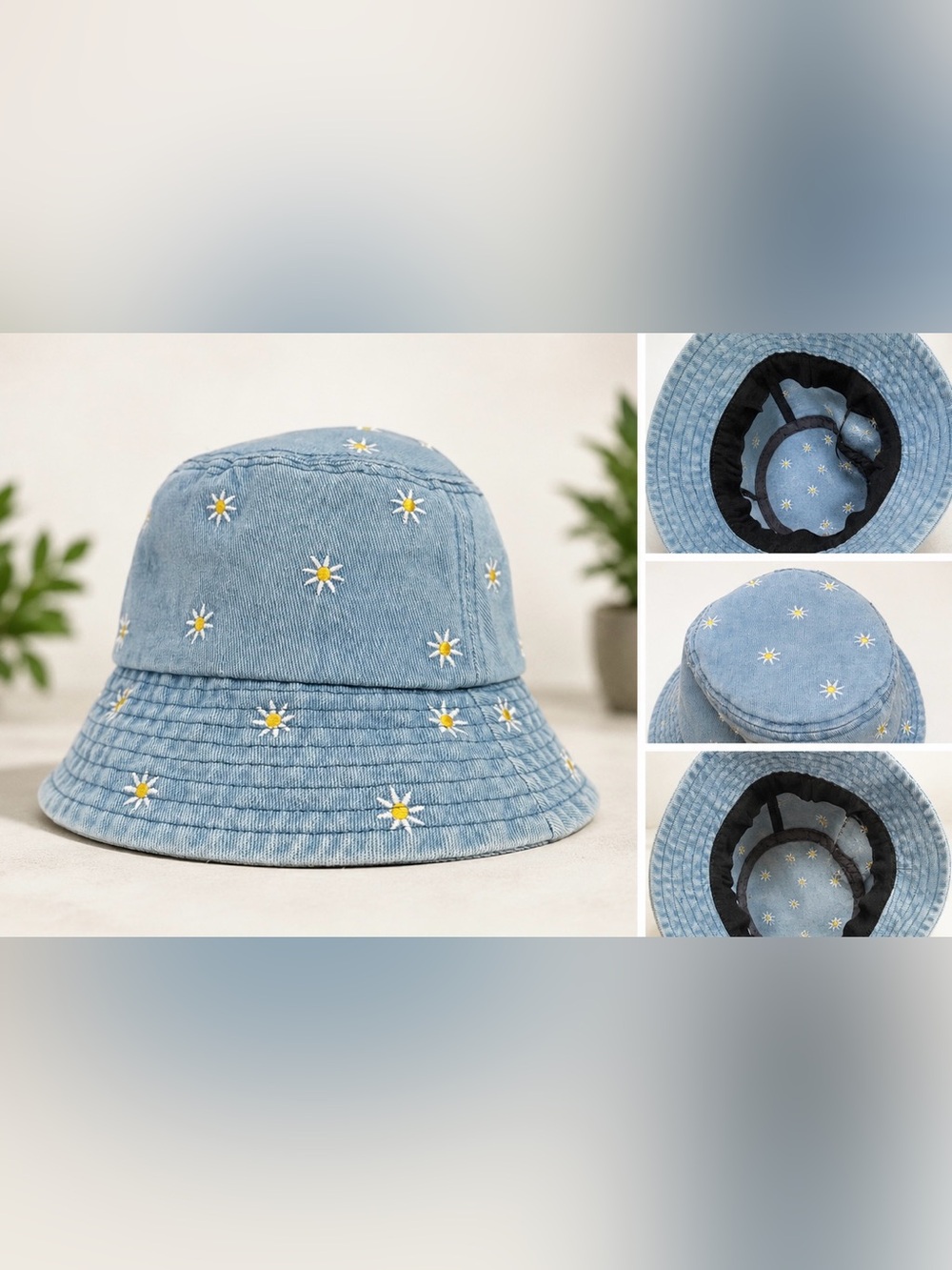 Light Blue Daisy Embroidered Bucket Hat